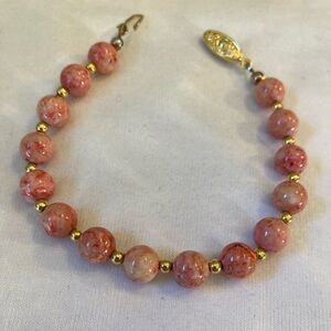 Vintage Faux Coral Beads Bracelet Fish Hook Clasp